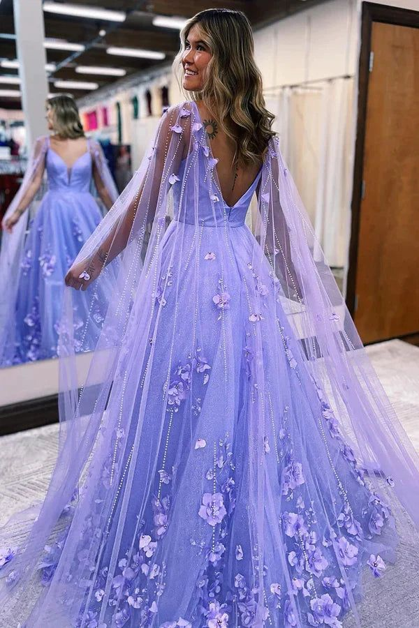 A Line Lavender 3d Floral Lace Long Prom Dresses With Train J4934