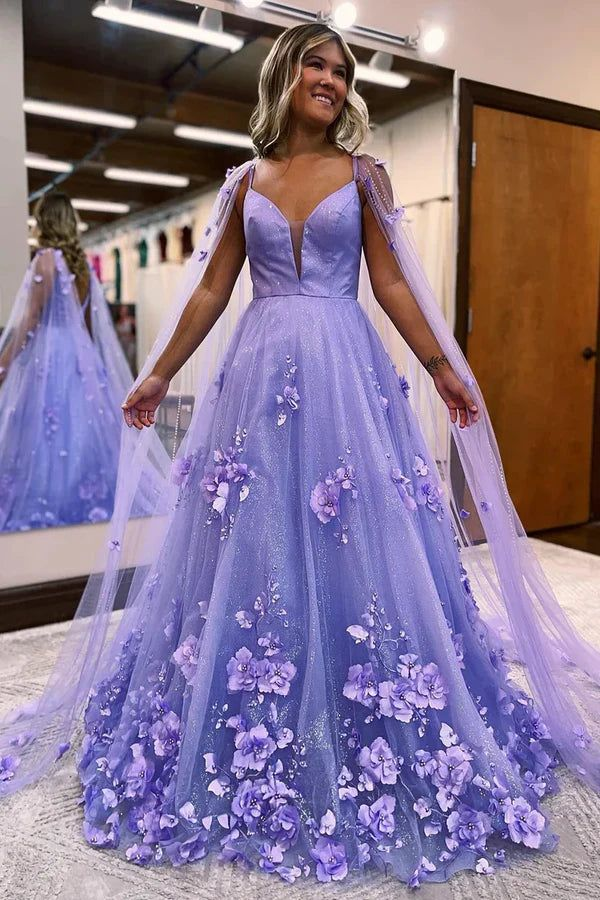 A Line Lavender 3d Floral Lace Long Prom Dresses With Train J4934