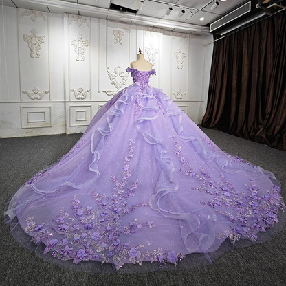 Robes de Quinceanera lavande, robes de bal avec appliques de fleurs 3D, J4935