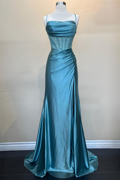 Robe de soirée longue sirène verte fendue J4939