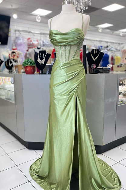 Robe de soirée longue sirène verte fendue J4939