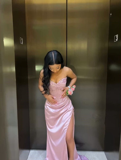 Etuikleid Sweetheart Satin Rosa Schlitz Ballkleider Abendkleid J4941