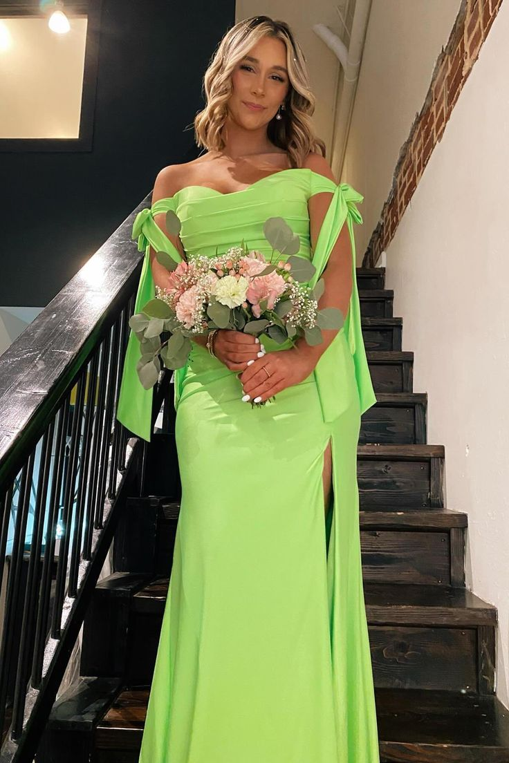 Off The Shoulder Green Long Prom Dress Slit Formal Party Dress J4945