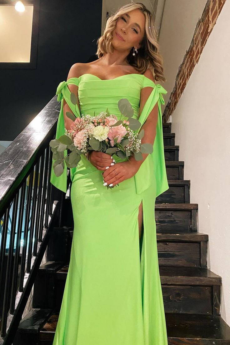 Off The Shoulder Green Long Prom Dress Slit Formal Party Dress J4945