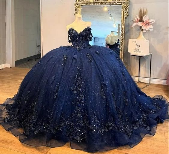 Navy Blue Sweet 16 Quinceanera Dresses Applique Ball Gown Birthday Dress J4960