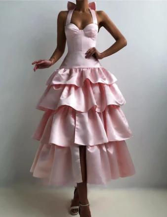 Halter A Line Satin Prom Dress Layered Formal Party Dress J4967