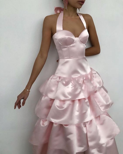 Robe de bal en satin à col licou et coupe trapèze, robe de soirée formelle à superpositions J4967
