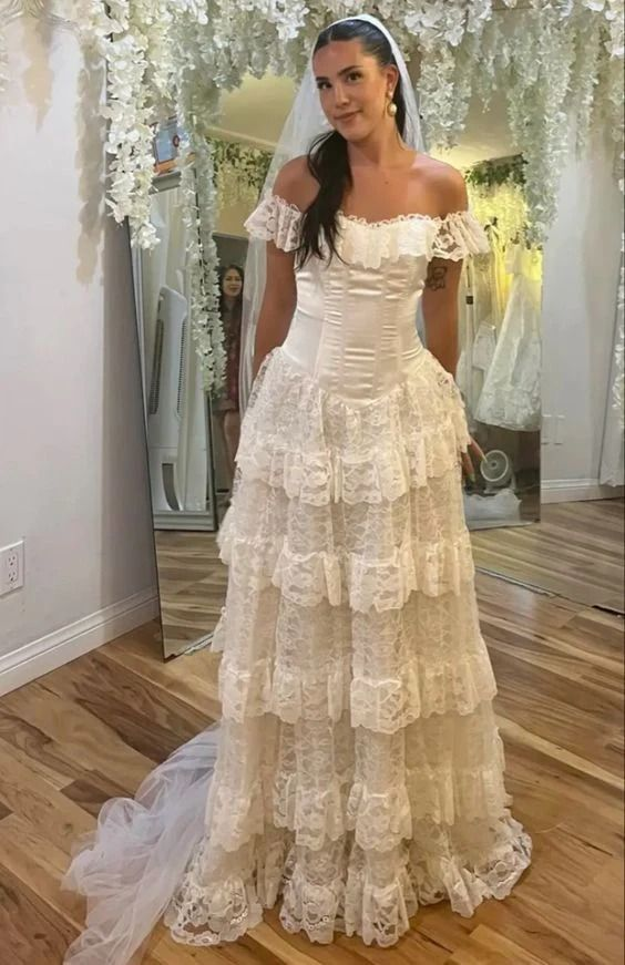 Off The Shoulder A Line Lace Long Prom Dress Layered Wedding Dress J4969