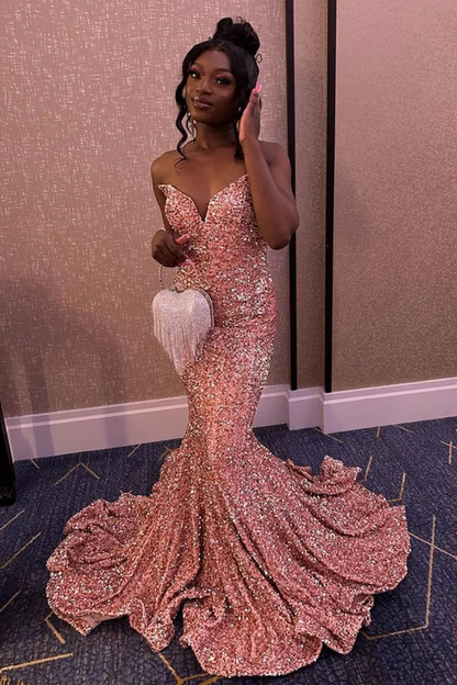 Robe de soirée longue sirène à paillettes roses J4975