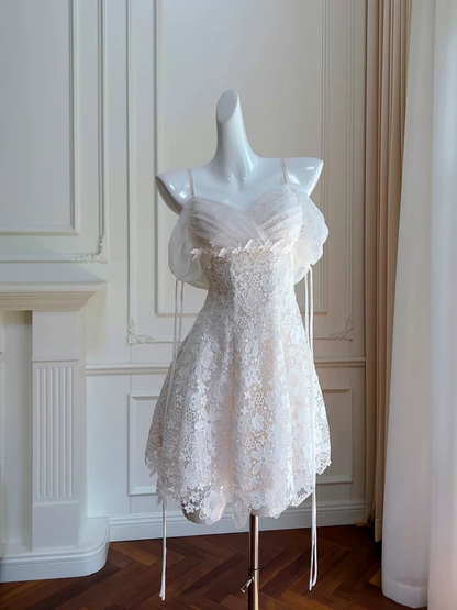 Robe de bal courte en dentelle trapèze, robe de soirée élégante J4977