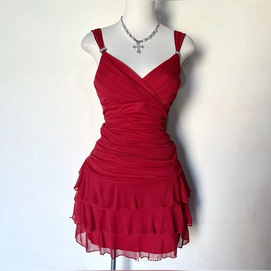 A Line Red Short Prom Dress Layered Homecoming Dress J4982