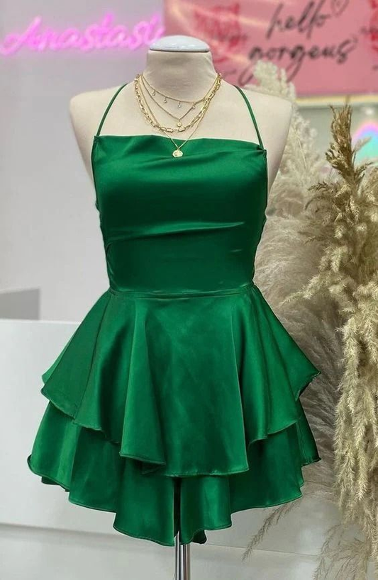 A Line Green Satin Short Prom Dress Homecoming Dress J4992