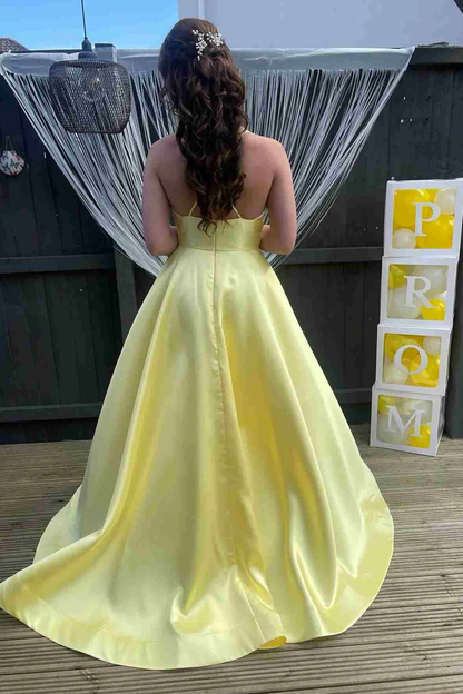 Robe de bal longue en satin jaune coupe trapèze, tenue de soirée formelle J5012