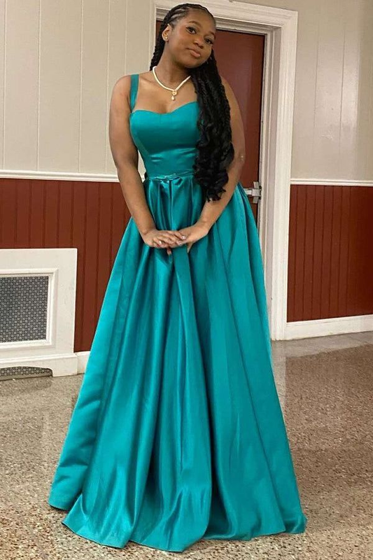 A Line Scoop Straps Satin Long Prom Dress J5013