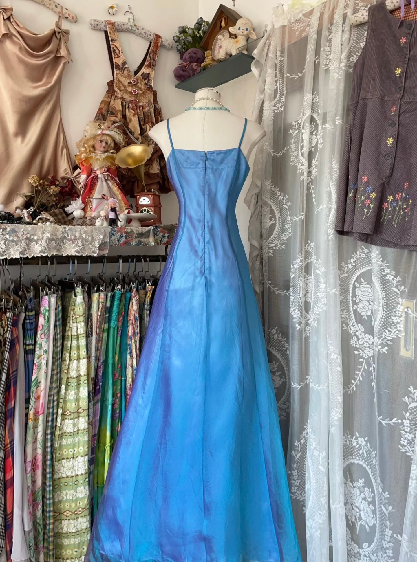 A Line Blue Long Prom Dress Vintage Formal Dress J5014