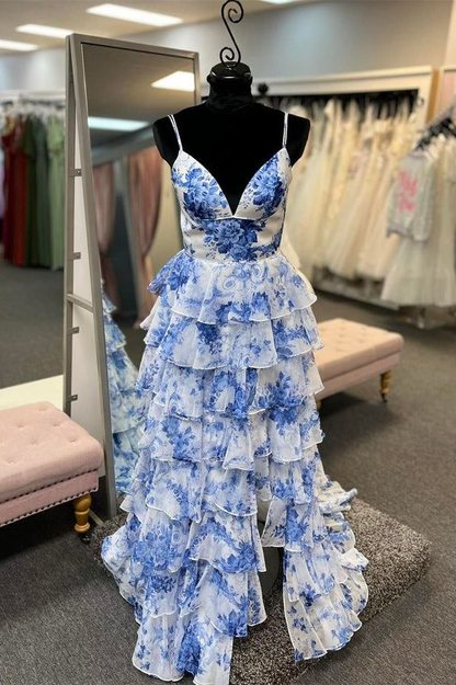 Robe longue à imprimé bleu, col en V, volants et fentes, coupe trapèze, robe de soirée J5013
