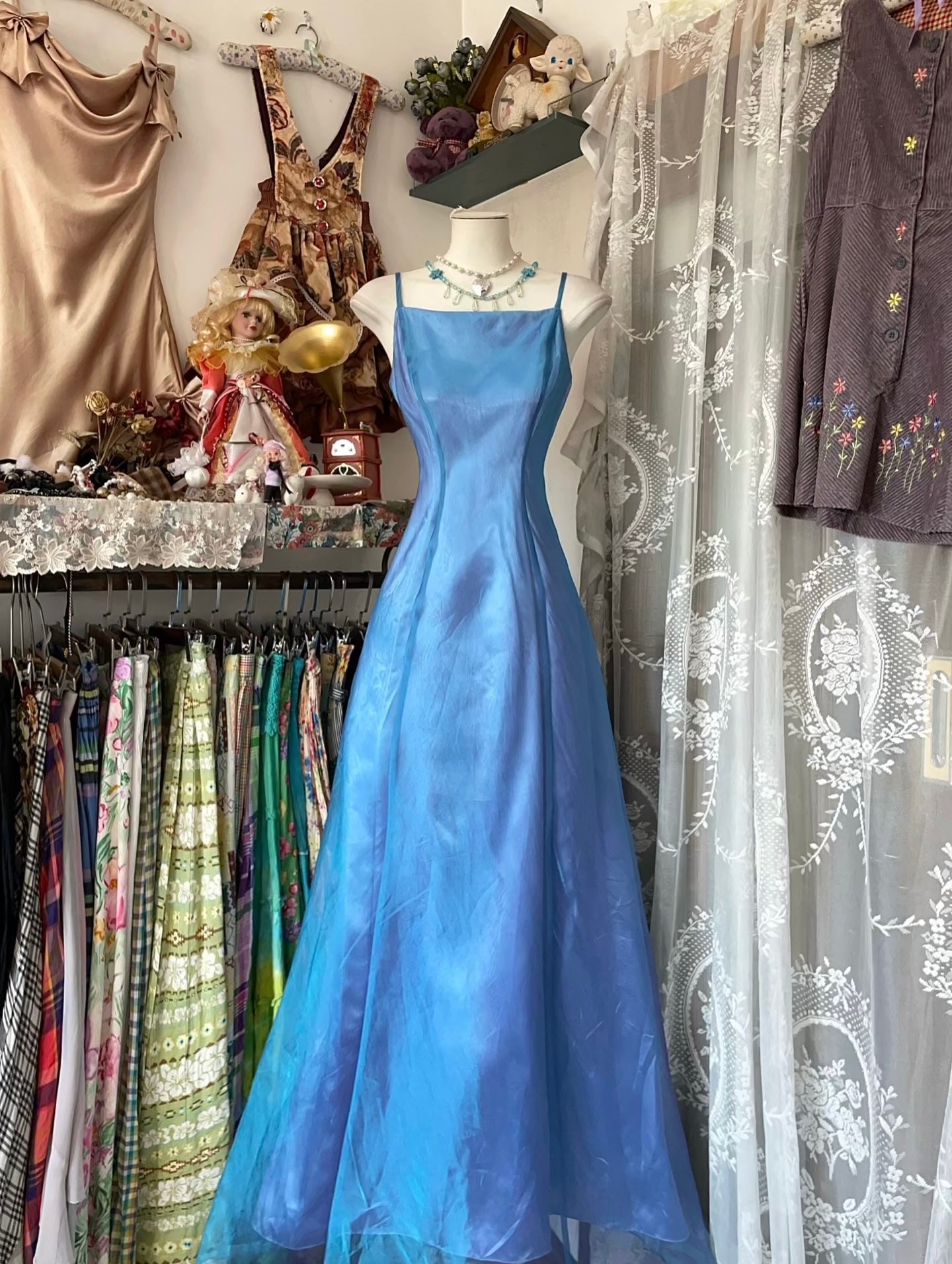 A Line Blue Long Prom Dress Vintage Formal Dress J5014