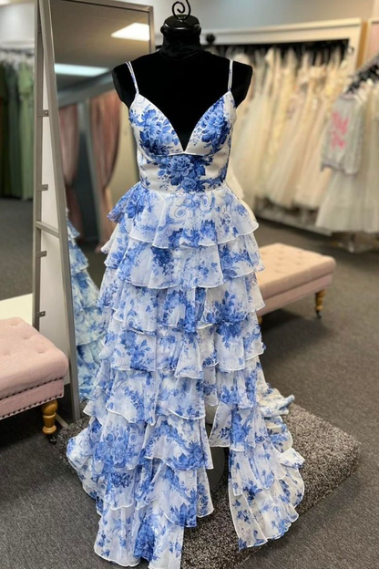Robe longue à imprimé bleu, col en V, volants et fentes, coupe trapèze, robe de soirée J5013