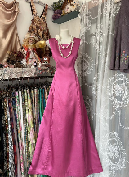 Robe de bal longue rose élégante, coupe trapèze, style vintage, J5017