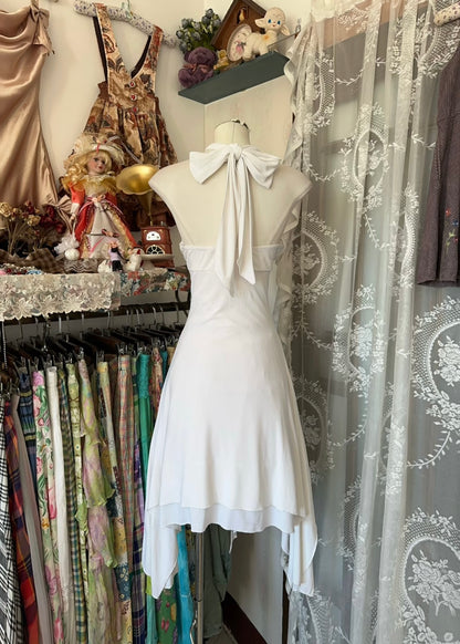 Halter A Line White Short Prom Dress Vintage Ruffle Formal Dress J5019