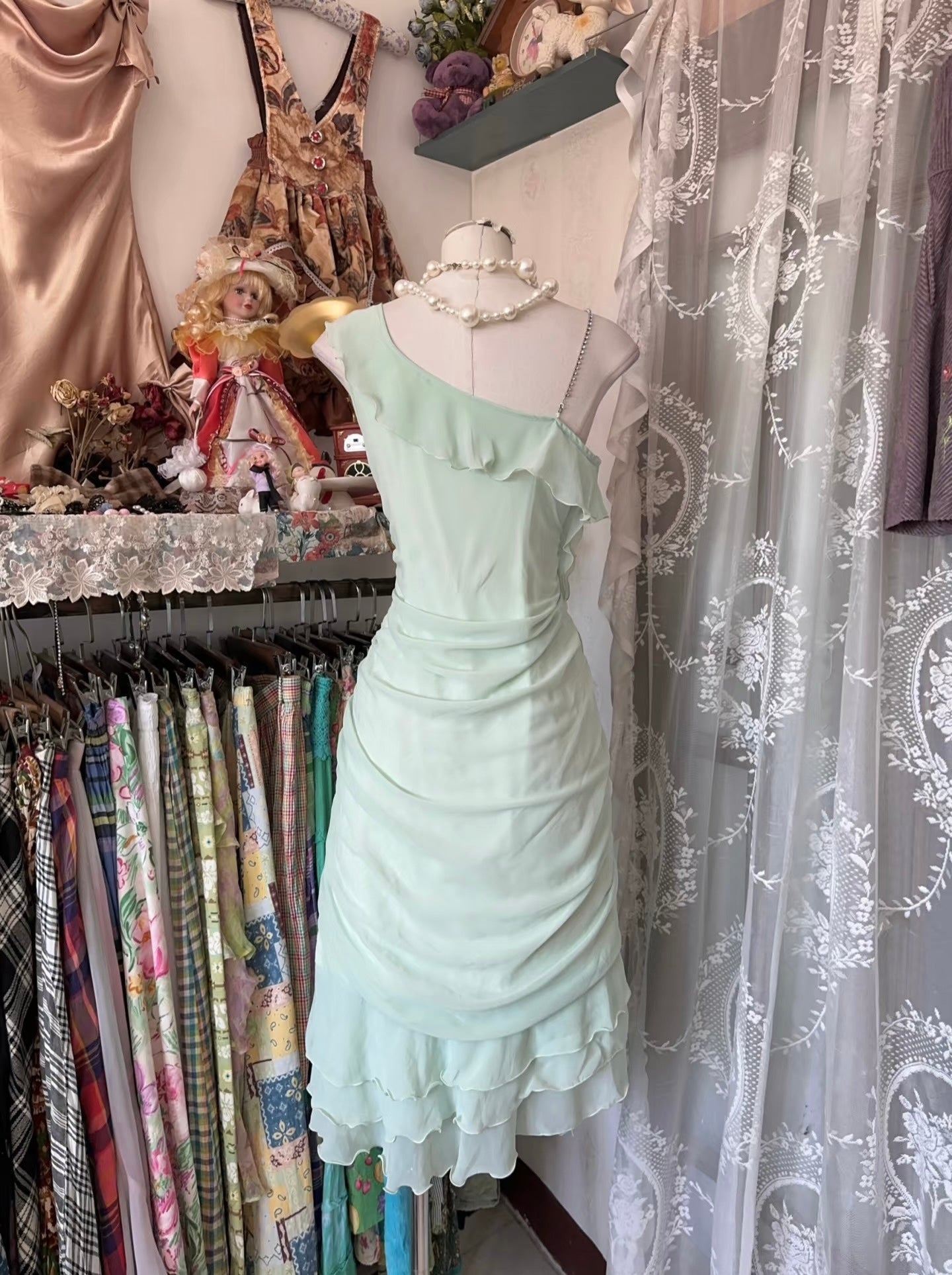 Mint Green A Line Short Prom Dress Vintage Ruffle Party Dress J5020