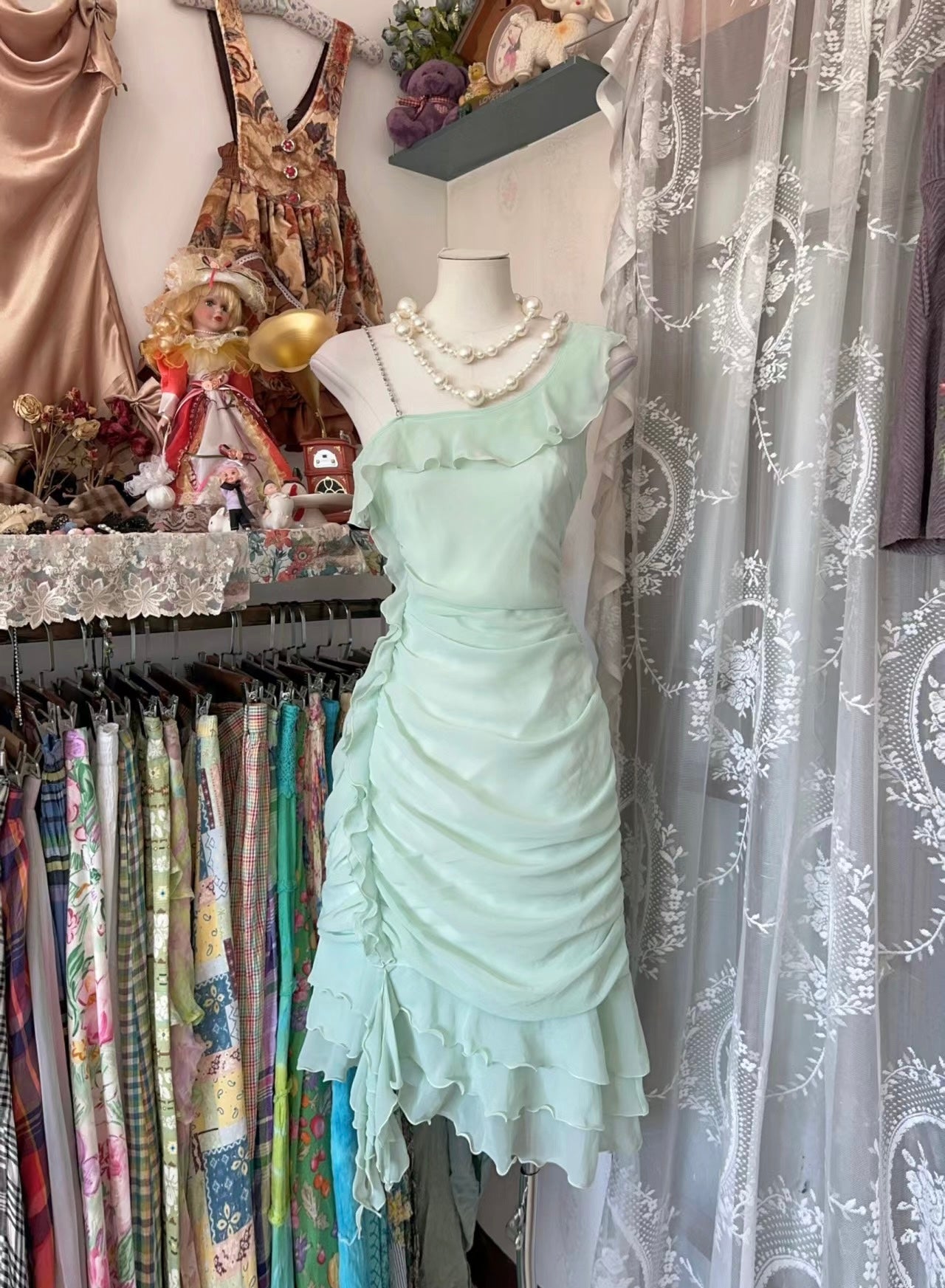 Mint Green A Line Short Prom Dress Vintage Ruffle Party Dress J5020