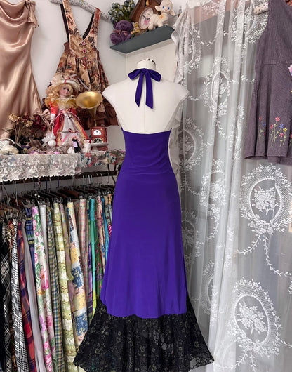 Neckholder V-Ausschnitt Lila Meerjungfrau Langes Ballkleid Vintage Spitze Abendkleid J5021