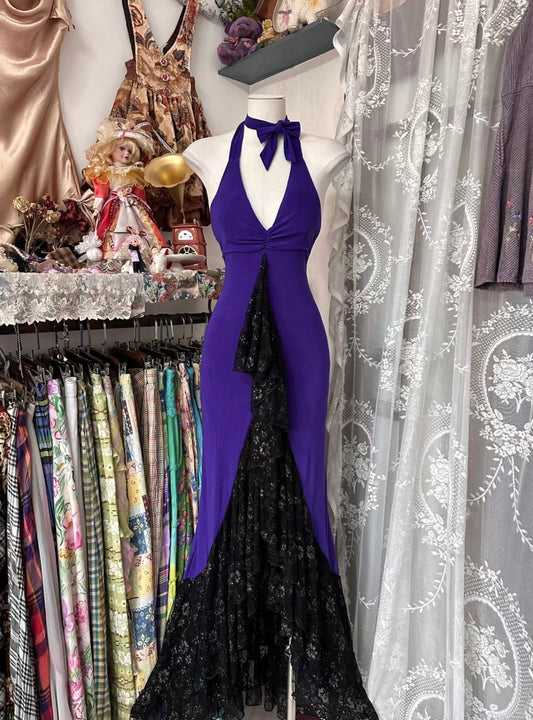 Halter V Neck Purple Mermaid Long Prom Dress Vintage Lace Evening Dress J5021