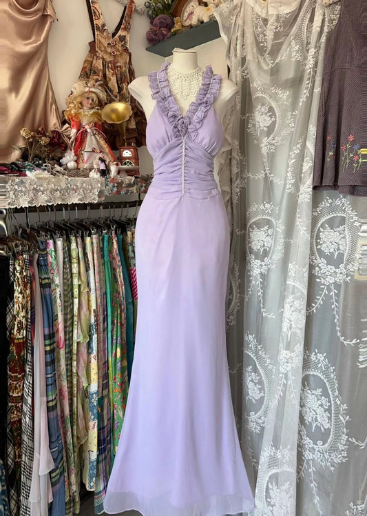 Ruffle V Neck Long Mermaid Prom Dress Lavender Vintage Party Dress J5024