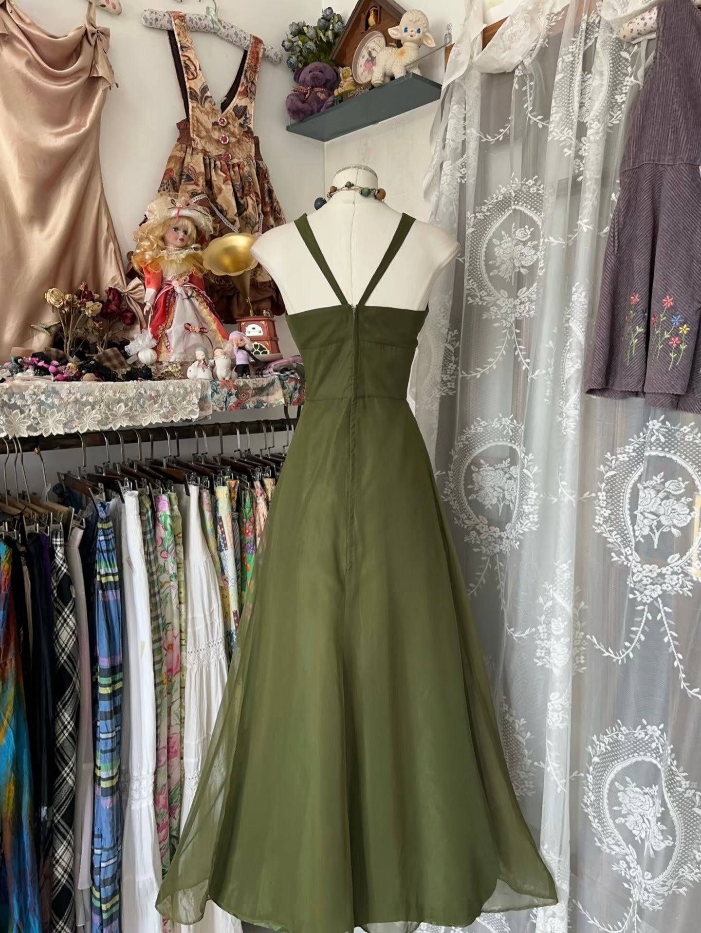 V Neck Green A Line Prom Dress Vintage Formal Party Dress J5026