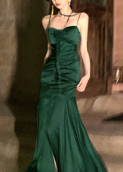 Robe de soirée longue sirène verte en satin J5030