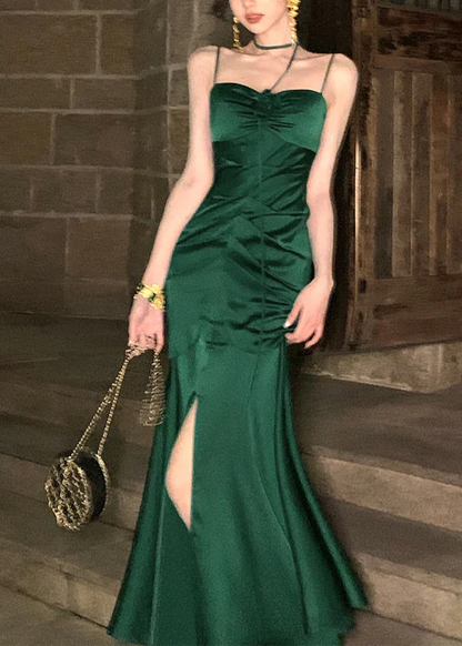 Robe de soirée longue sirène verte en satin J5030