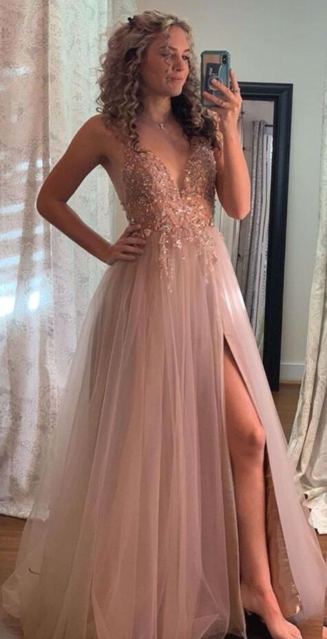 V Neck A Line Beaded Long Prom Dress Tulle Formal Party Dress J5034