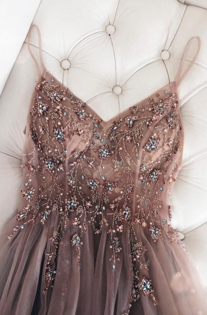 Robe de bal longue en tulle à col en V et perles, coupe trapèze, tenue de soirée formelle J5034