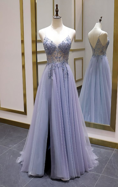 Robe de soirée longue en tulle fendue, coupe trapèze, bretelles spaghetti, perles, J5035