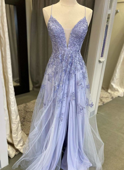 Robe de soirée longue en tulle, col en V, bretelles, robe de bal, robe de soirée avec appliques, J5036