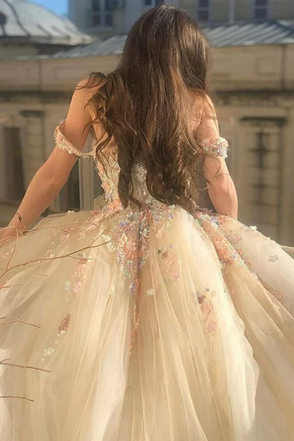 Robe de bal trapèze à fleurs 3D, épaules dénudées, robe de soirée formelle, robe de bal, robe de bal, J5040