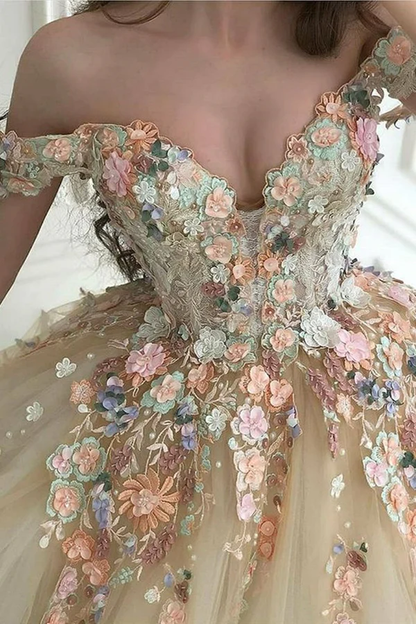 Robe de bal trapèze à fleurs 3D, épaules dénudées, robe de soirée formelle, robe de bal, robe de bal, J5040