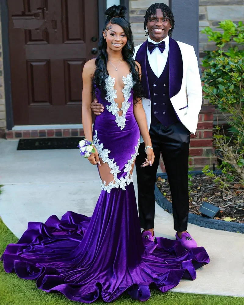 Purple Mermaid Evening Dress Black Girls Velvet Prom Dress Applique Occasion Party Gowns J5041