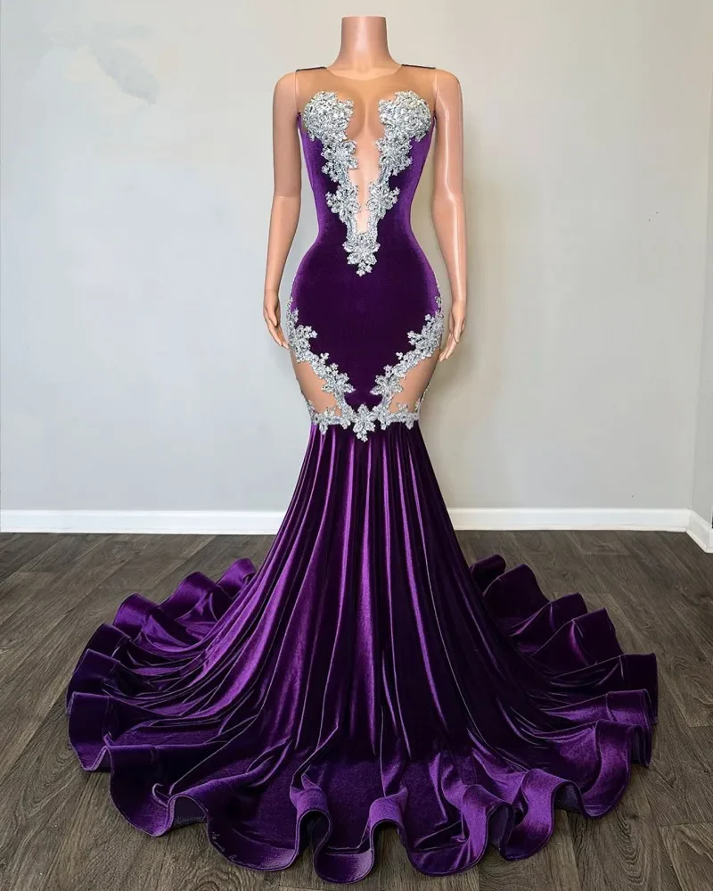 Purple Mermaid Evening Dress Black Girls Velvet Prom Dress Applique Occasion Party Gowns J5041