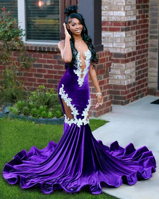 Purple Mermaid Evening Dress Black Girls Velvet Prom Dress Applique Occasion Party Gowns J5041