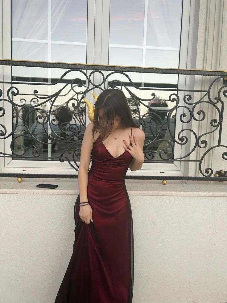 Burgundy V Neck Long Prom Dress Formal Party Dresses J5043