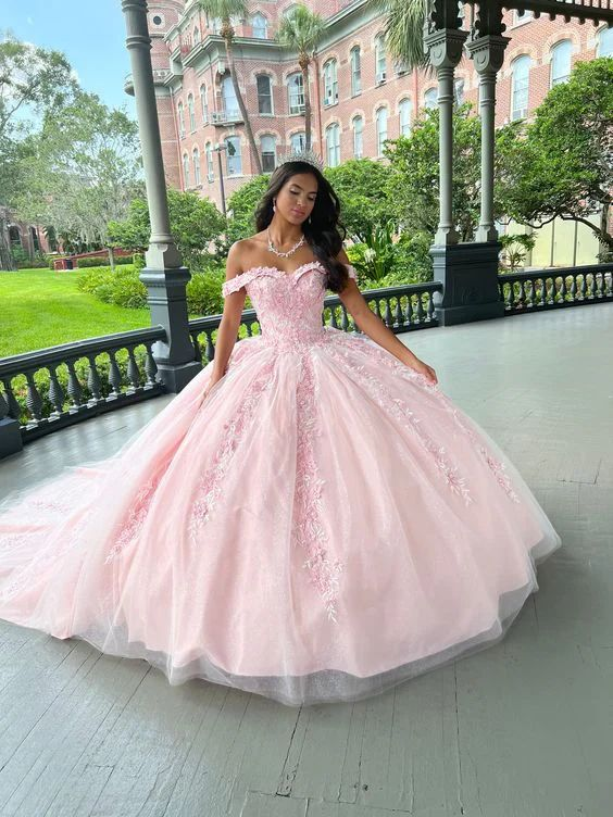 Off The Shoulder Pink Ball Gown Applique Sweet 16 Quinceanera Dresses J5044