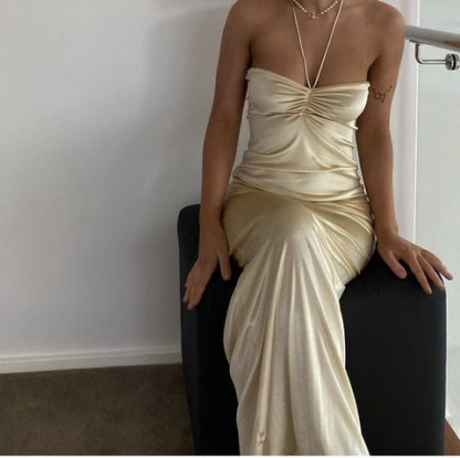 Sheath Halter Champagne Long Prom Dresses Formal Party Dress J5048