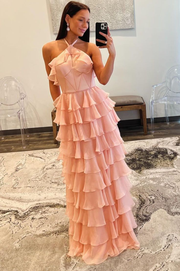 Halter Ruffle Tiered Prom Dress With Slit  J5050