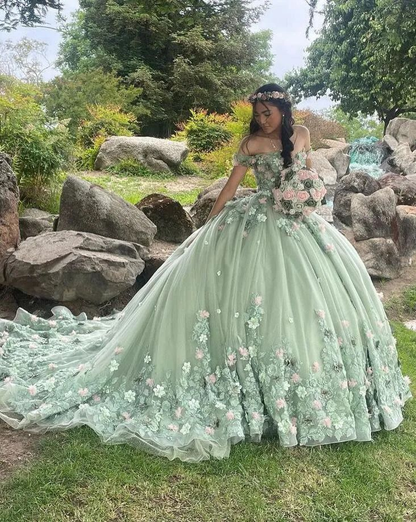 Robe de bal vert menthe avec fleurs 3D, robe de princesse pour fête d'anniversaire, J5051