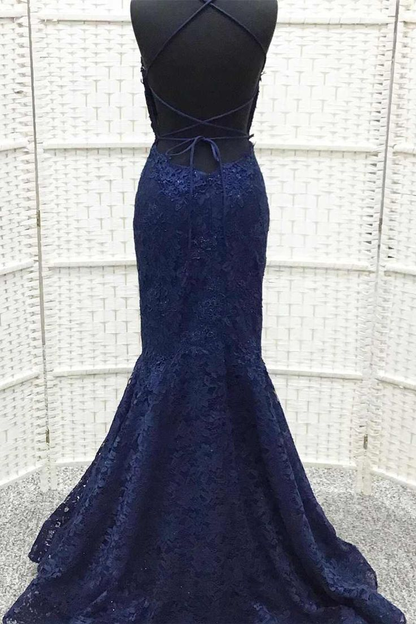 Robe de soirée longue sirène en dentelle bleu marine J5052