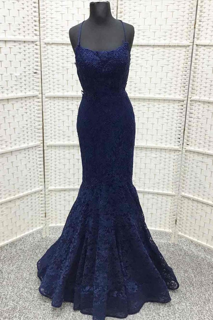 Navy Blue Lace Mermaid Long Prom Dress Formal Evening Dress J5052