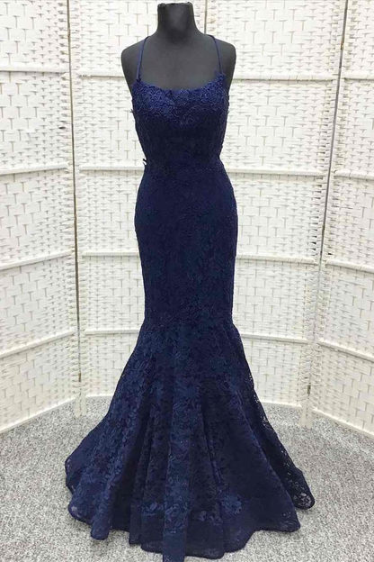 Robe de soirée longue sirène en dentelle bleu marine J5052