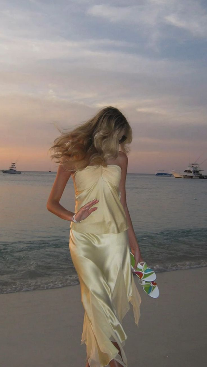 Sheath Halter Yellow Long Prom Dress With Ruffles J5060